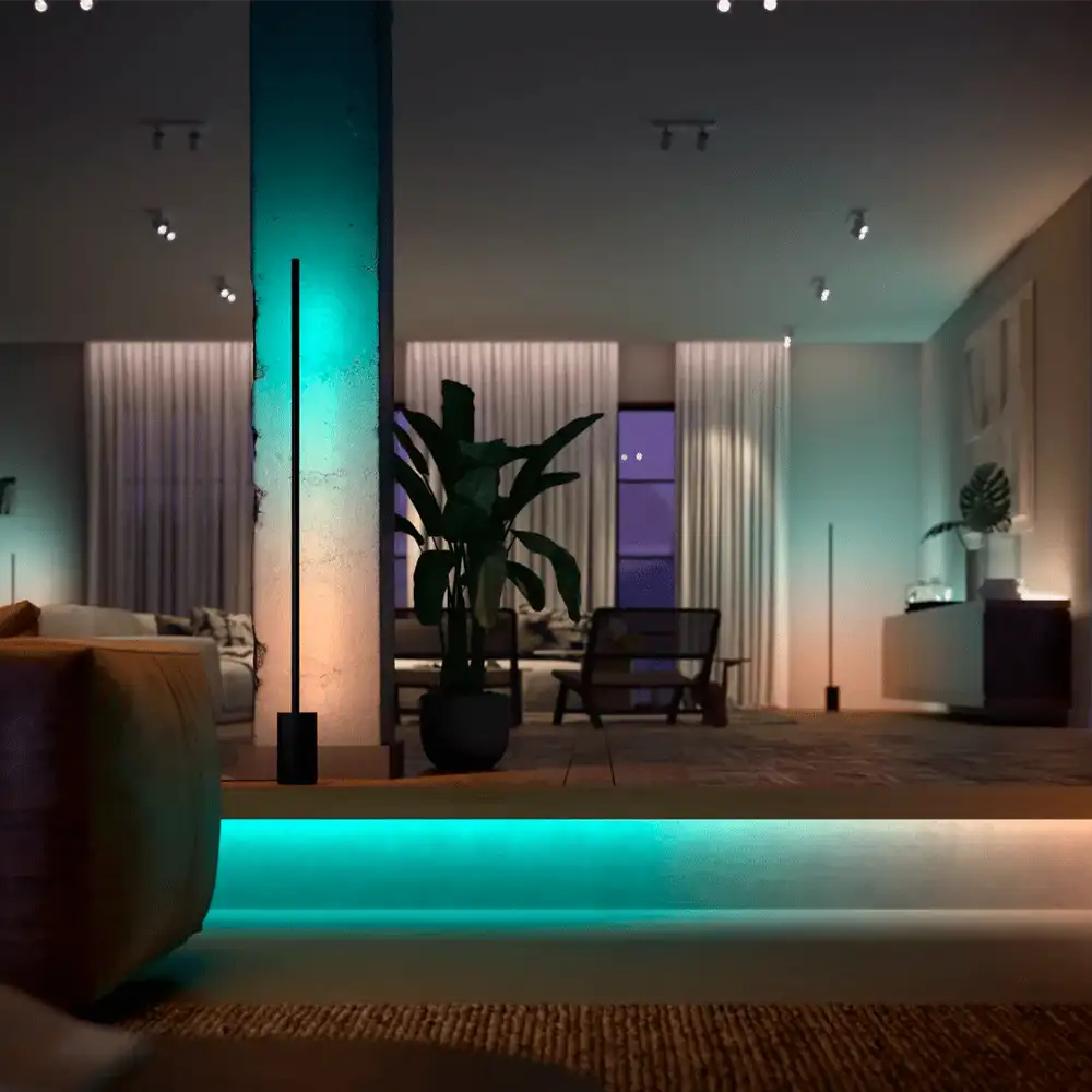 Tira LED extensión 1 metro Gradient Philips Hue White and Color iluminando salón moderno