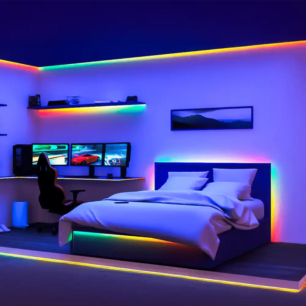 Tira LED gradient Philips WiZ 10m RGB iluminando dormitorio gamer