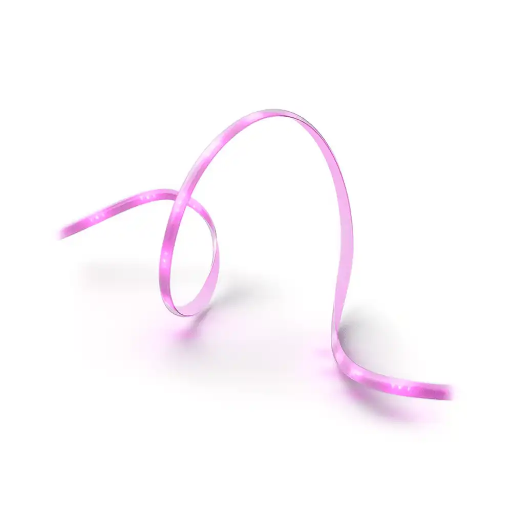 Tira LED Philips Hue Lightstrip Plus 3 metros mostrando iluminación RGB en color rosa