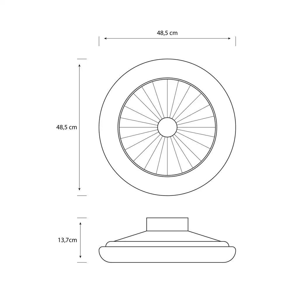 Plano técnico con medidas del ventilador Philips Amigo Flat con plafón LED blanco