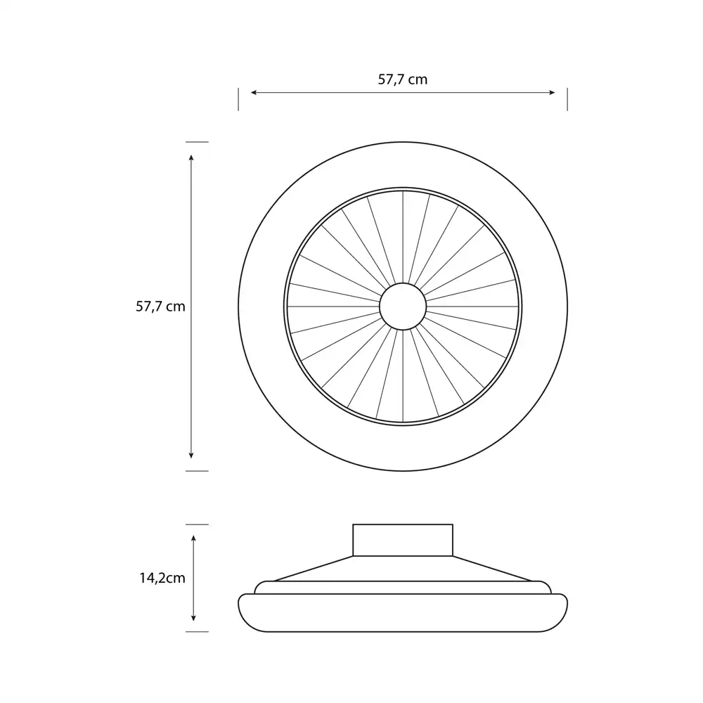 Plano técnico con medidas del ventilador Philips Amigo Flat plafón LED 60W+25W blanco