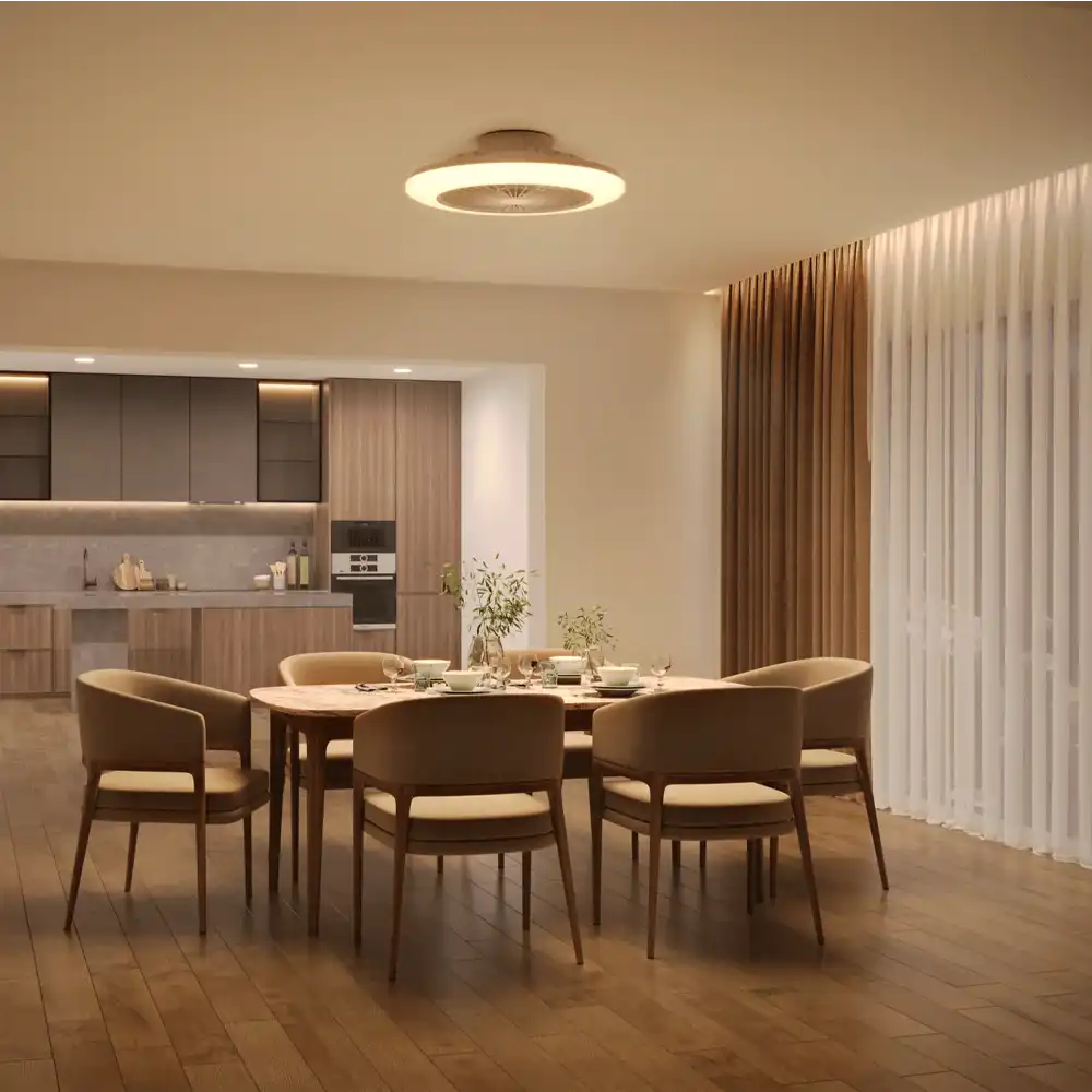 Ventilador de techo Philips Amigo Flat con plafón LED 60W+25W blanco instalado en comedor moderno