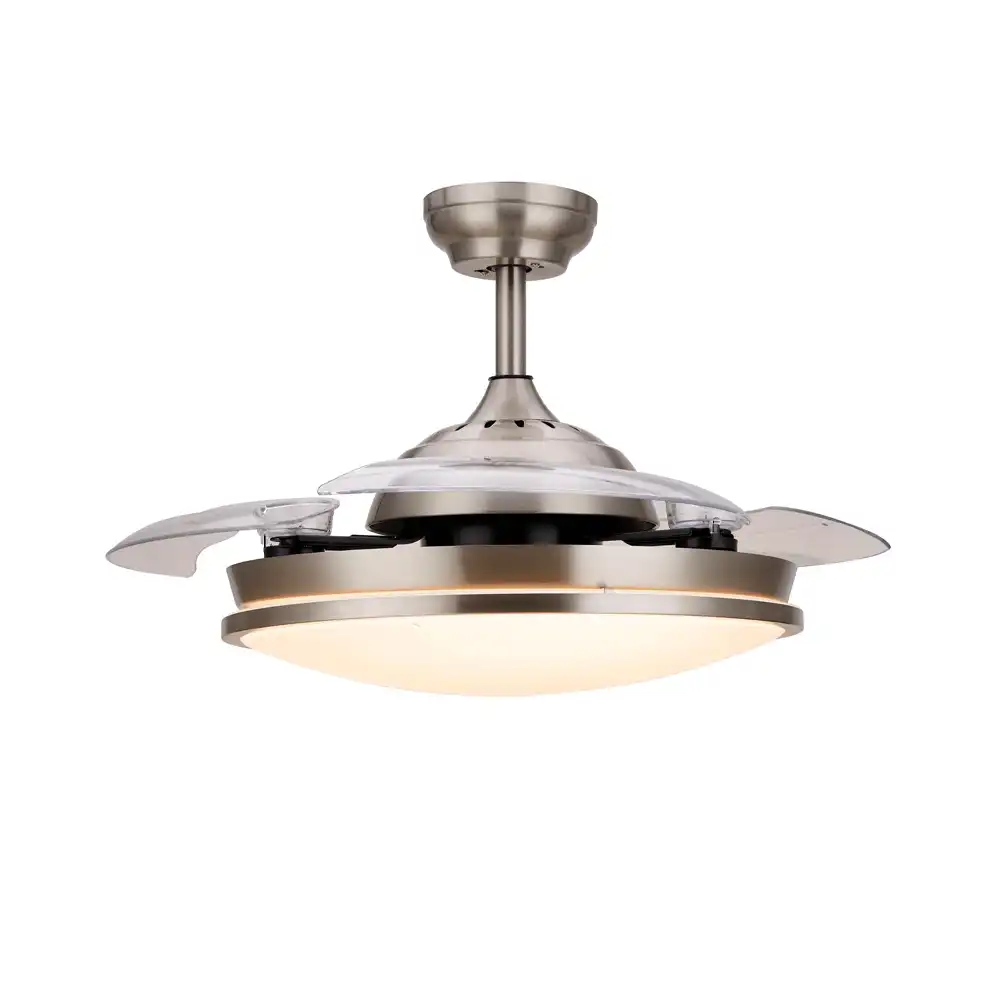 Ventilador de techo Philips Atlas plegable DC LED níquel con aspas desplegadas vista frontal