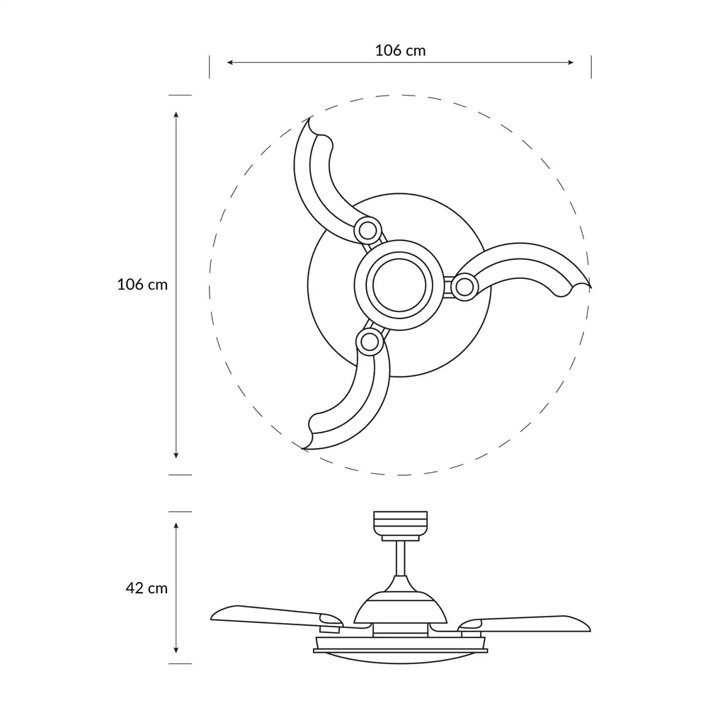 Plano técnico con medidas del ventilador Philips Atlas plegable DC LED níquel