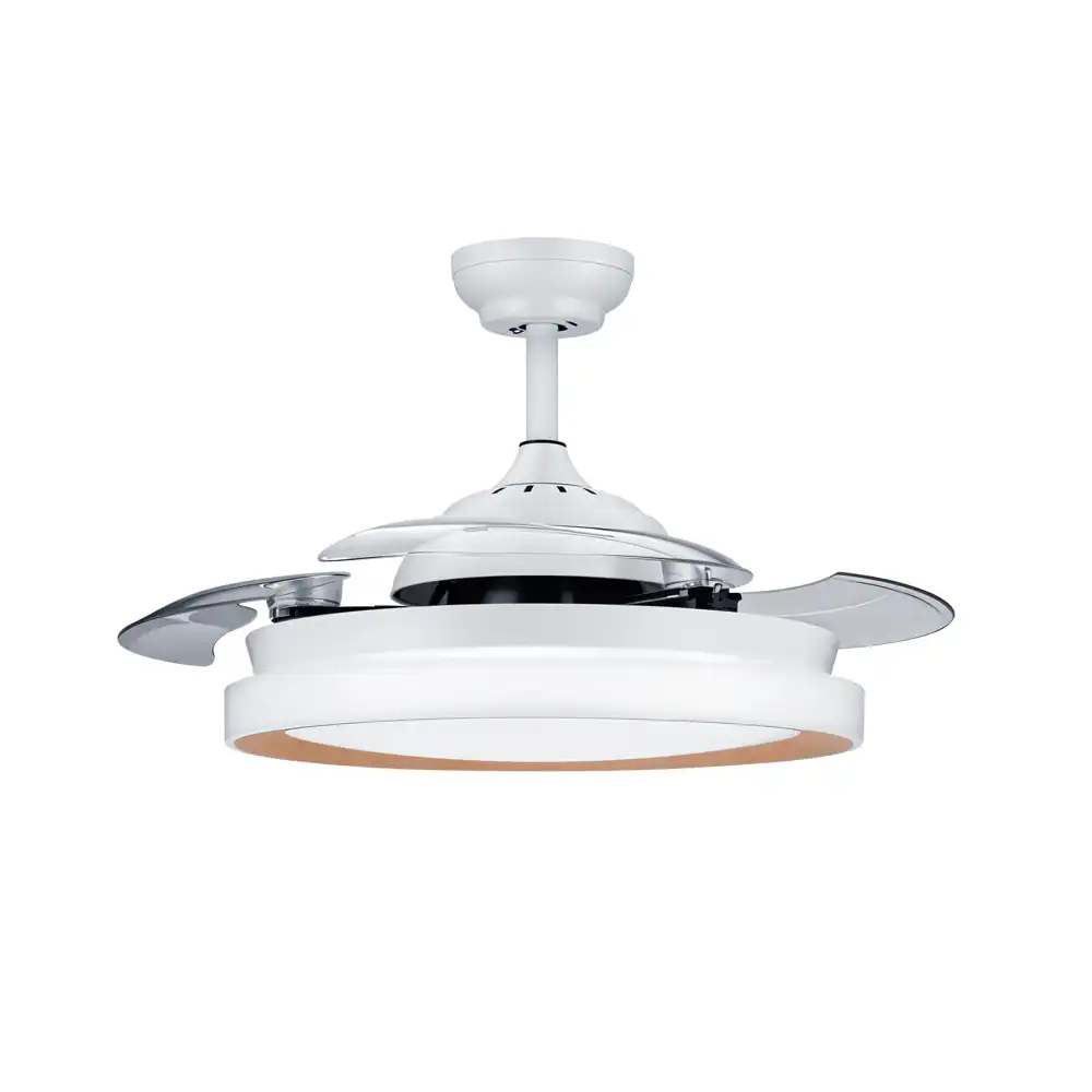 Ventilador de techo Philips Bliss plegable DC LED dorado con aspas desplegadas vista frontal