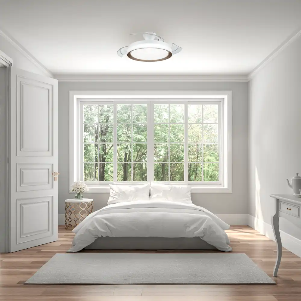 Ventilador de techo Philips Bliss plegable DC con LED 35W+28W dorado instalado en dormitorio moderno