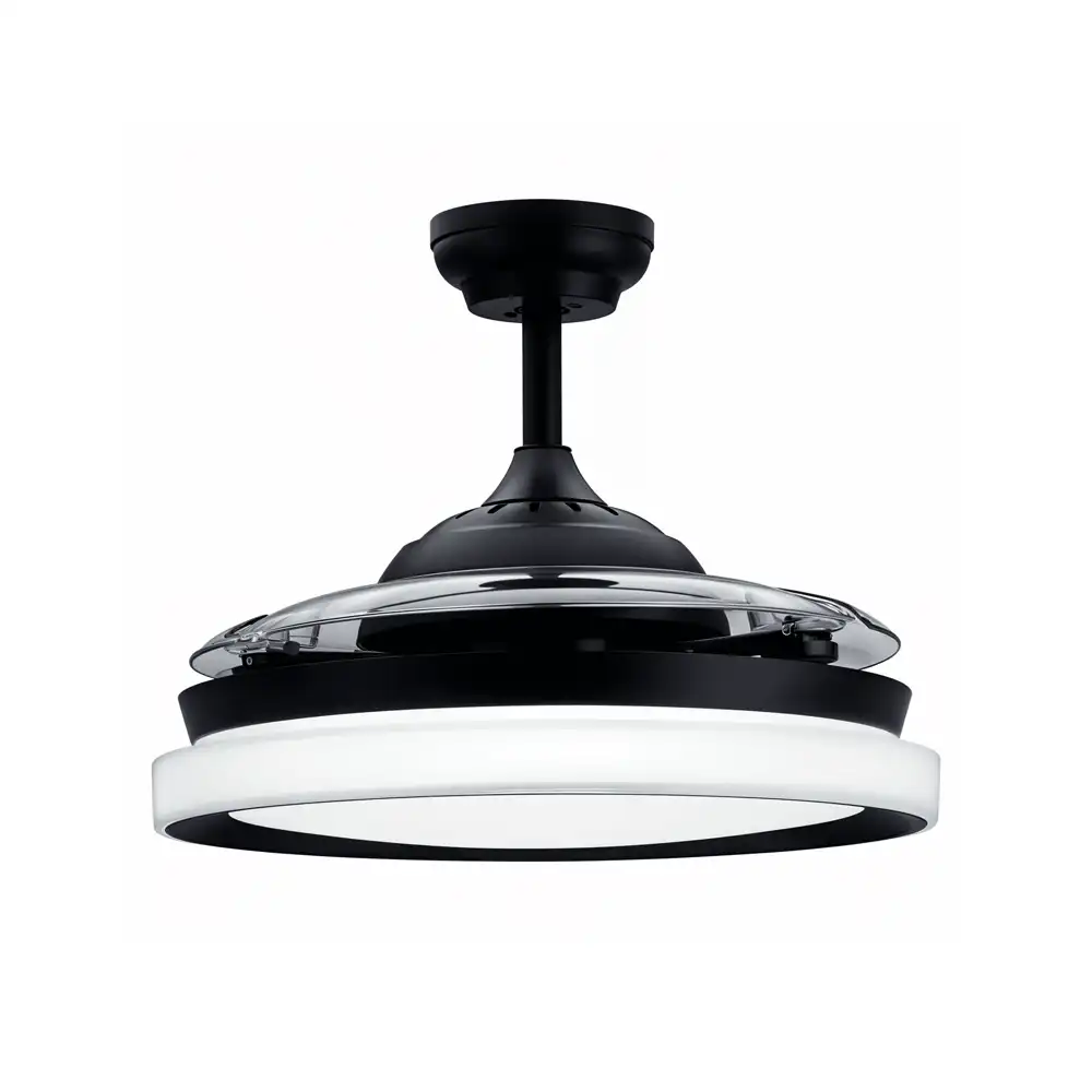 Ventilador de techo Philips Bliss plegable DC LED negro con aspas desplegadas vista frontal