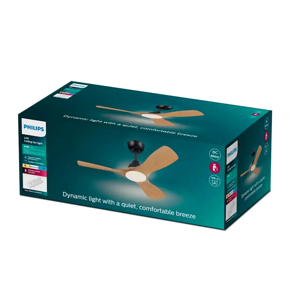 Caja del ventilador de techo Philips Olas G LED 32W+24W negro y madera