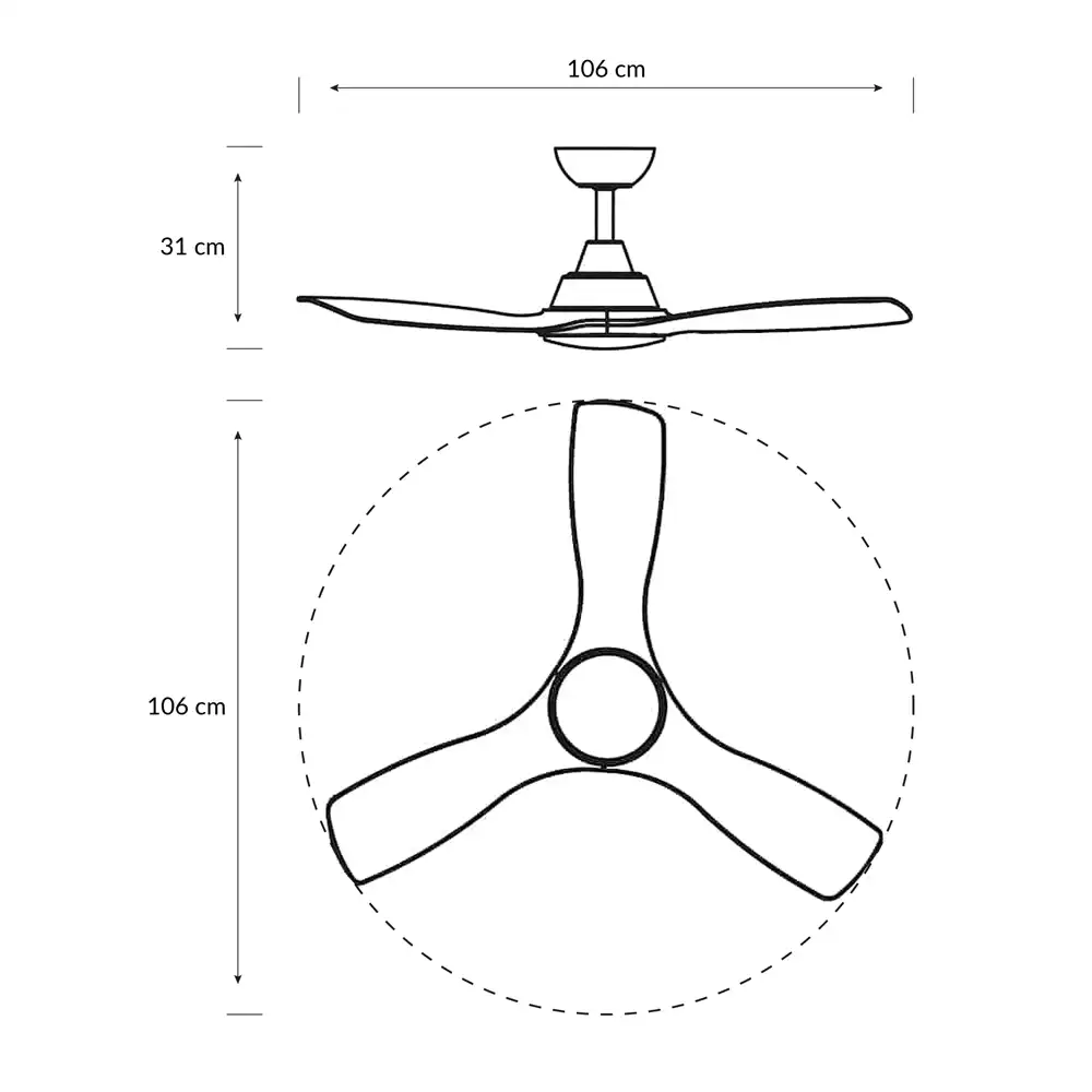 Plano técnico con medidas del ventilador Philips Olas G LED negro y madera