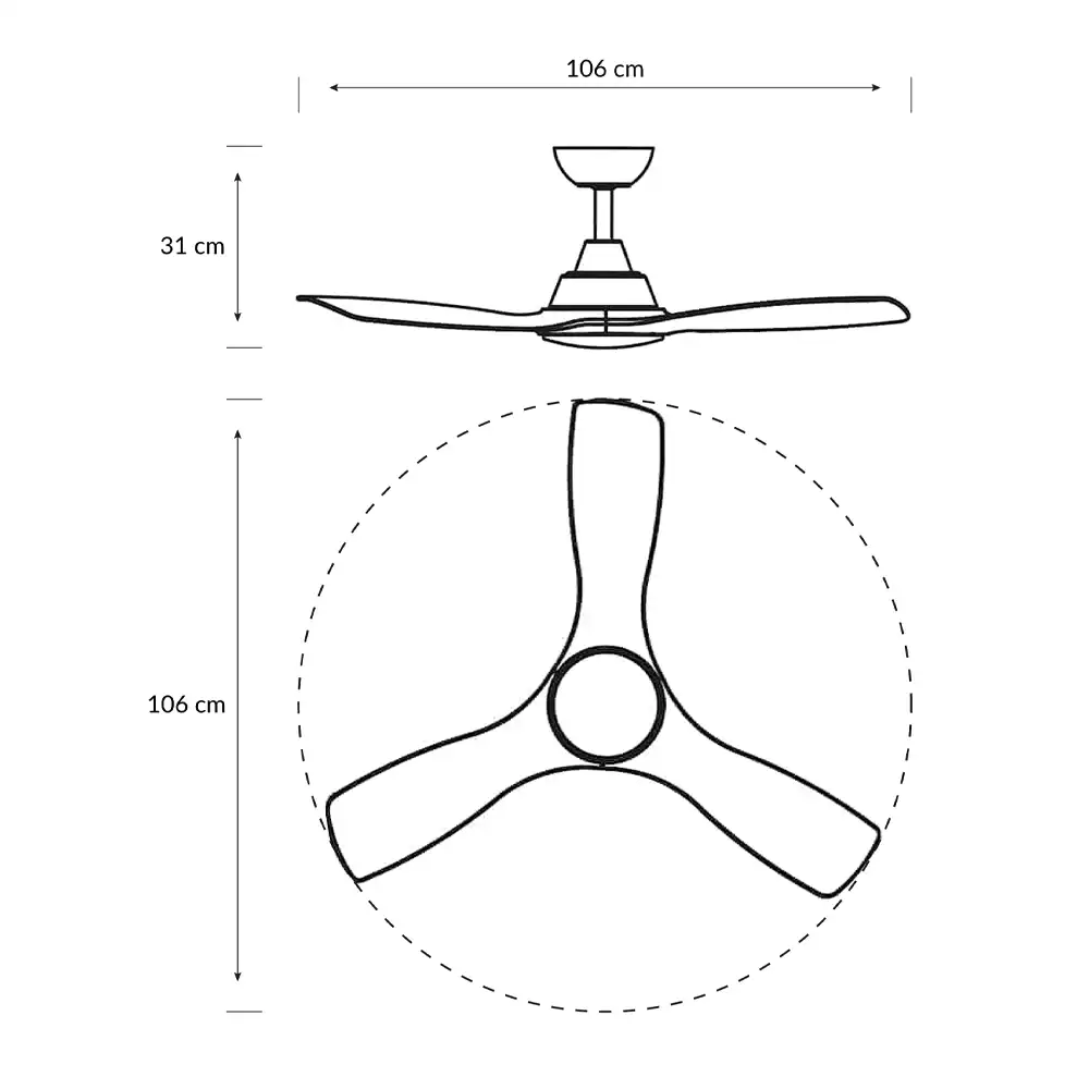 Plano técnico con medidas del ventilador Philips Olas P LED negro y madera