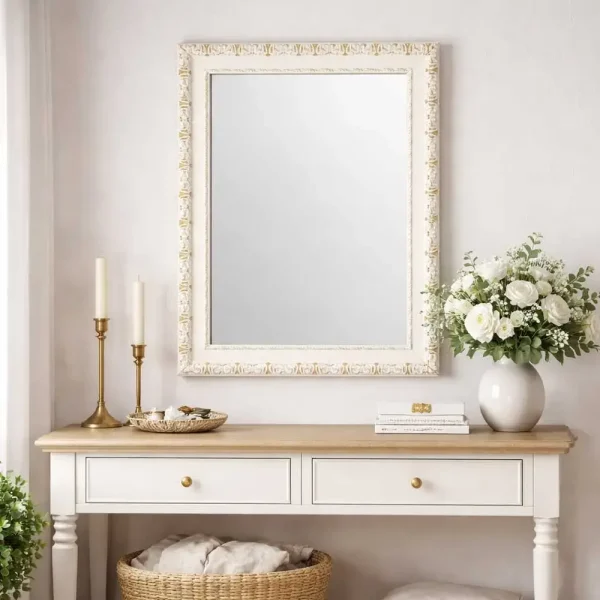 tiendas deco espejo decorativo rectangular 50 x 70 cm con marco blanco ornamentado envejecido campiluz 3