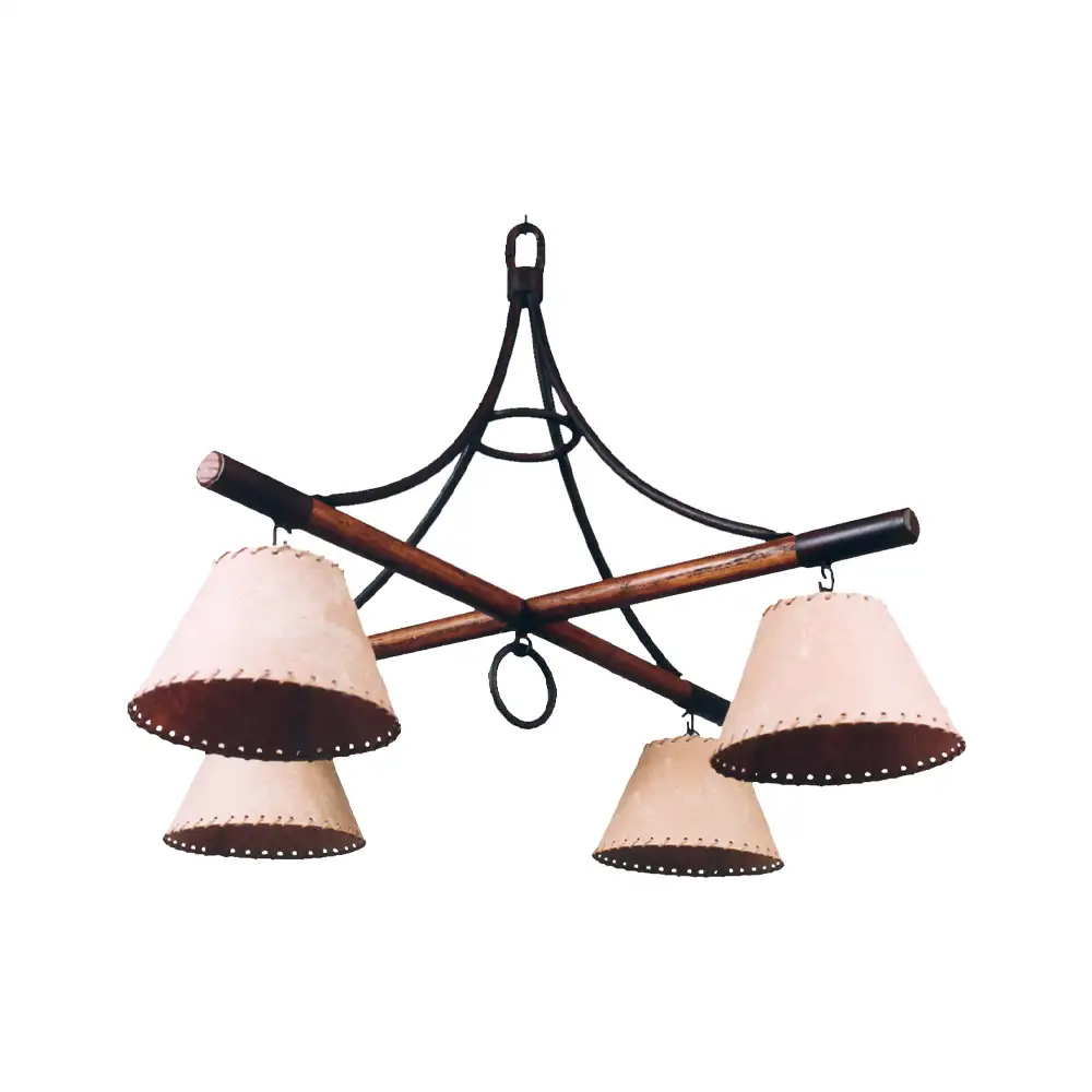 Portalámparas de techo colgante 4 luces en madera y metal con pantallas estilo rústico Campiluz vista completa