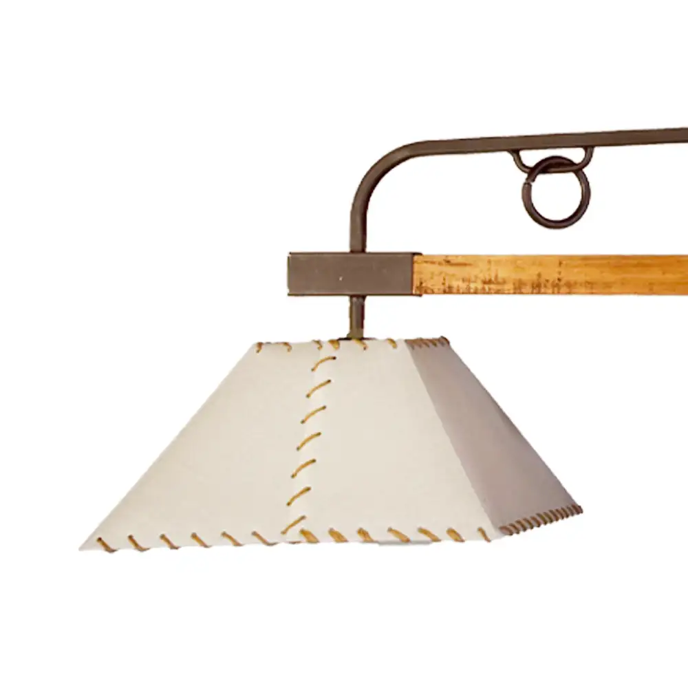 Portalámparas de techo colgante estribo doble con pantallas y detalle en cuero Campiluz vista lateral