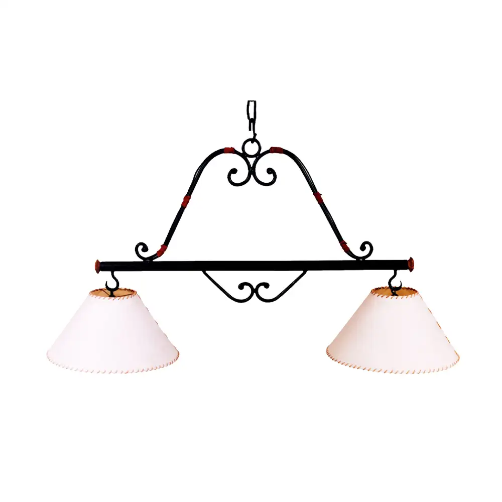 Portalámparas de techo colgante pampa doble en hierro con pantallas textiles rústicas Campiluz vista completa