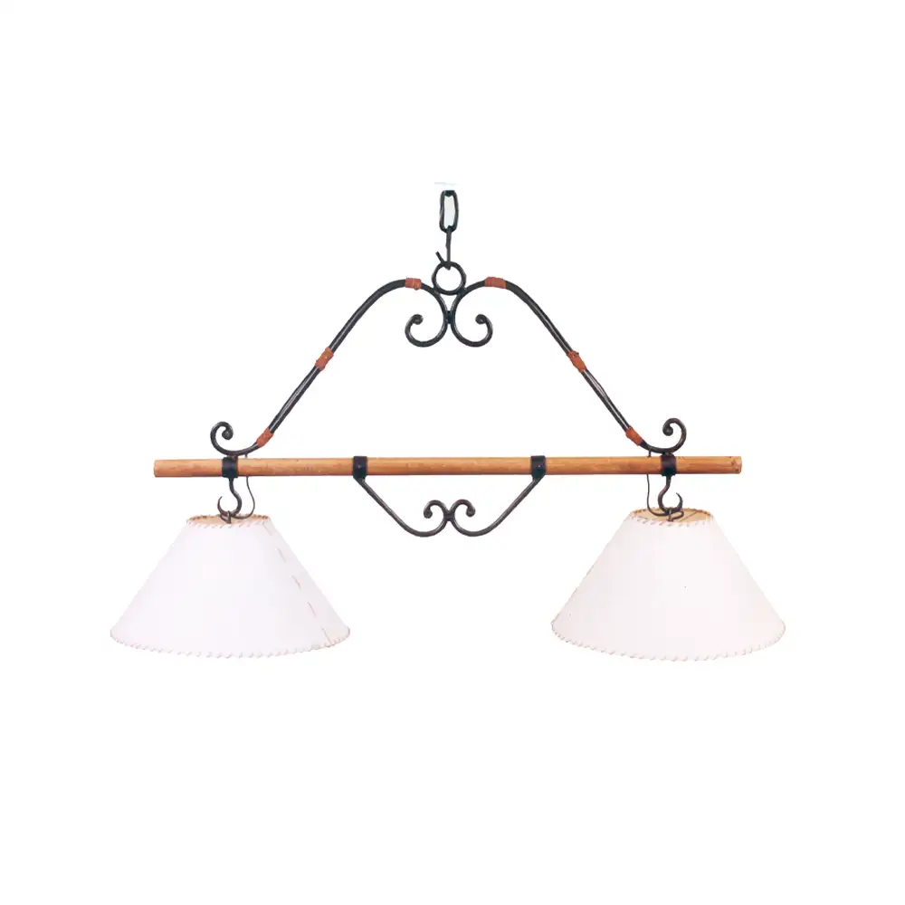 Portalámparas de techo colgante pampa doble en madera y metal con pantallas Campiluz vista completa