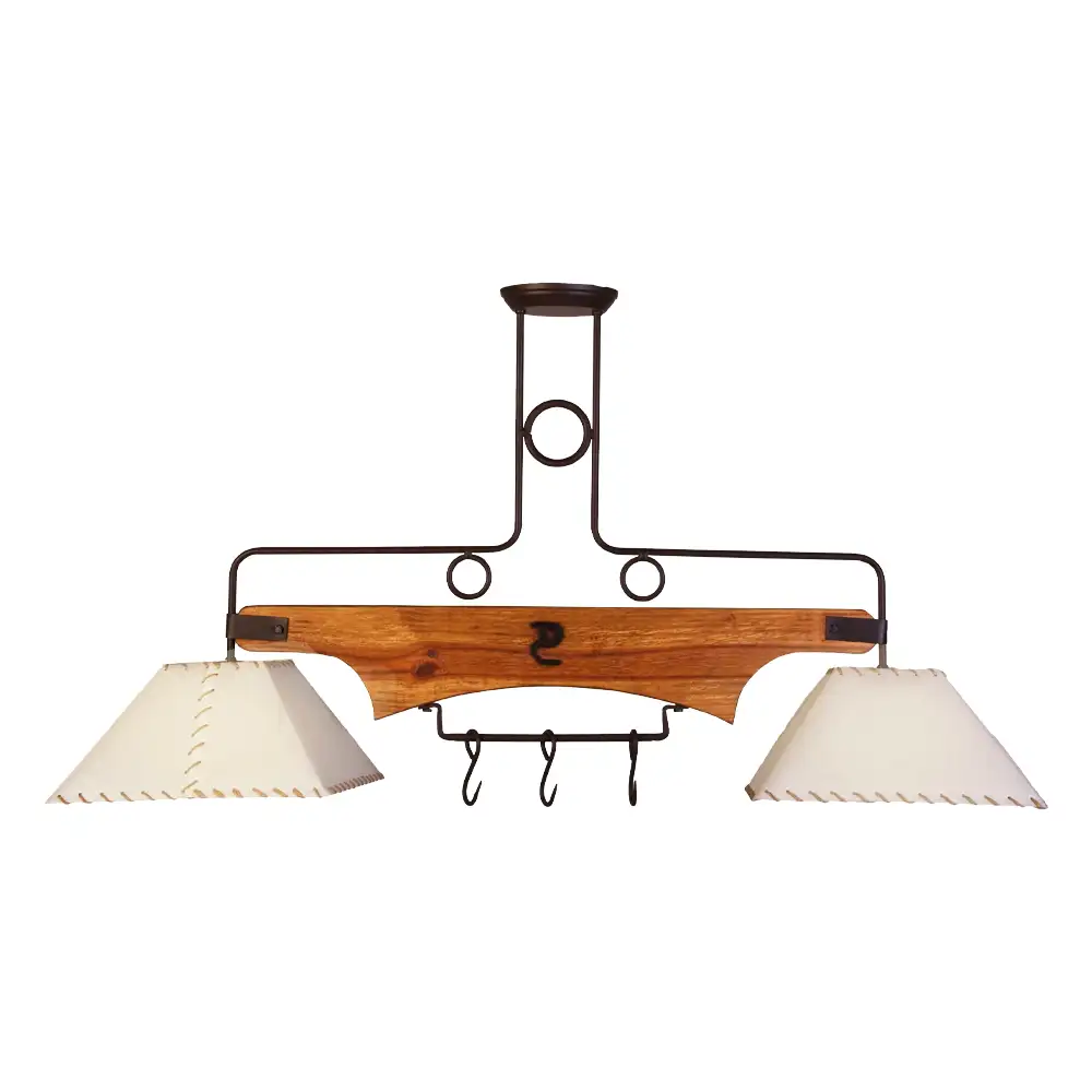 Portalámparas de techo fijo ganchera pico doble con pantallas textiles y barra de madera Campiluz vista completa